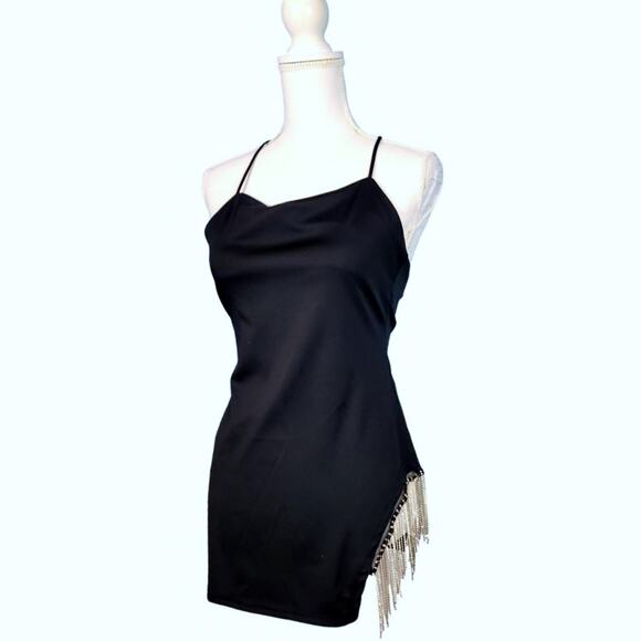Woman's BLACK SEXY Club Party Dress Faux DIAMOND FRINGE Back Zip STRETCH size Sm - Picture 9 of 12